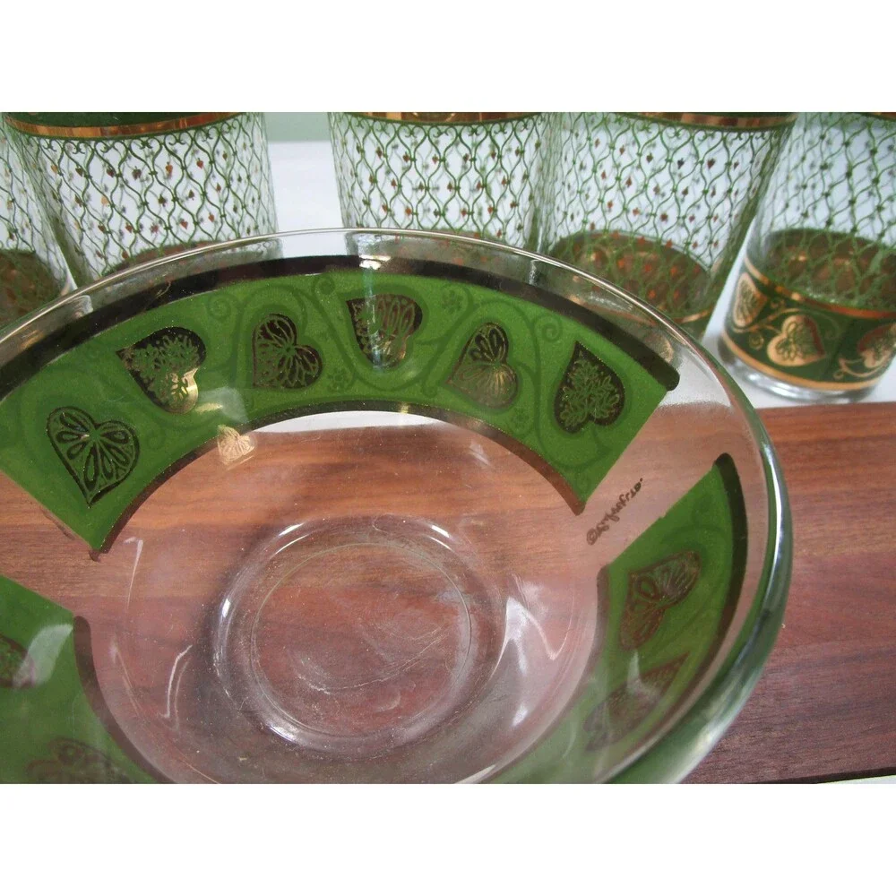 1960s Culver Highball Set, 8 Tumblers, 2 Bowls, Wood Tray, 22k Gold